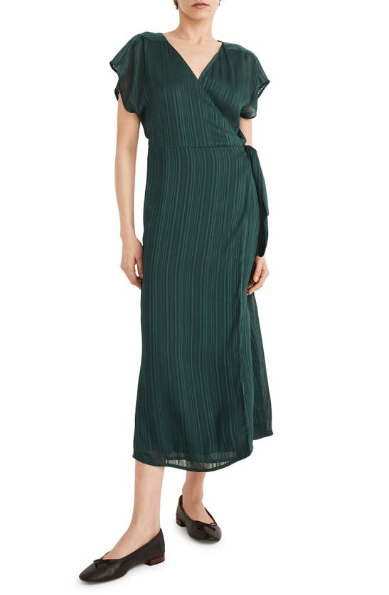 Madewell Satin Stripe Midi Wrap Dress In Smoky Spruce | ModeSens